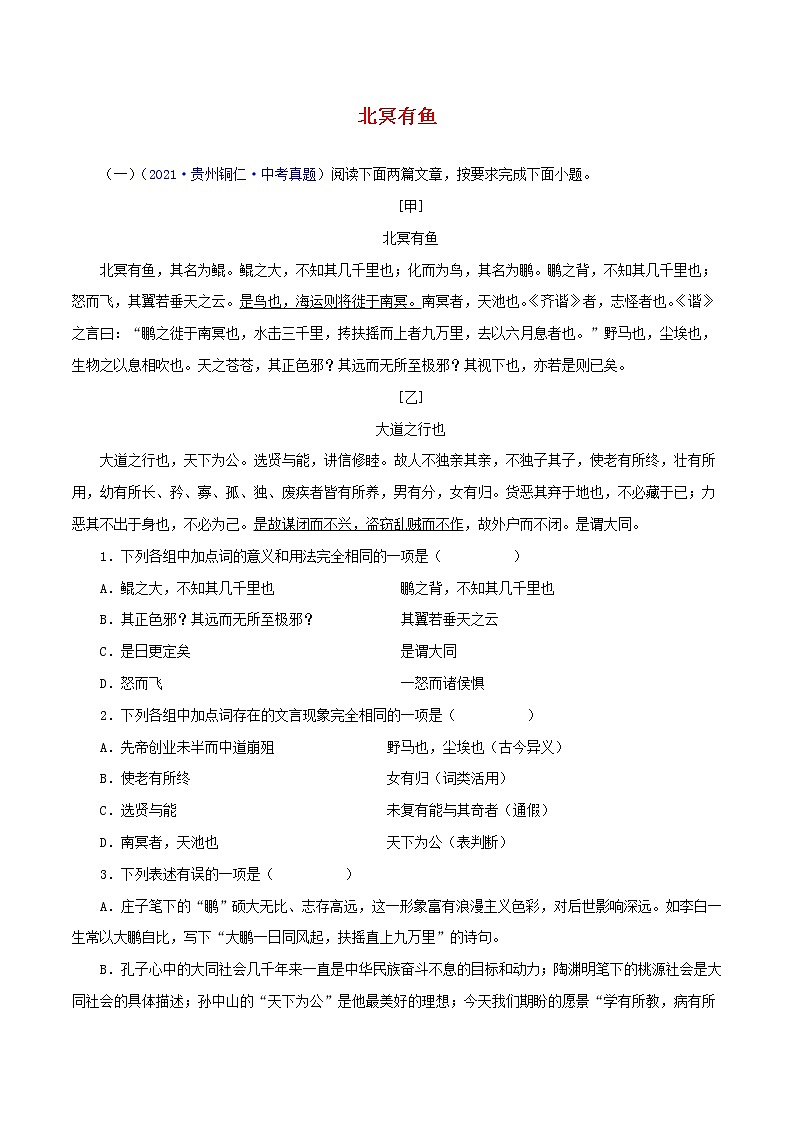 初中语文中考复习 11 北冥有鱼（原卷版）－备战2023年中考语文文言文必考篇目之对比阅读（通用版）第1页