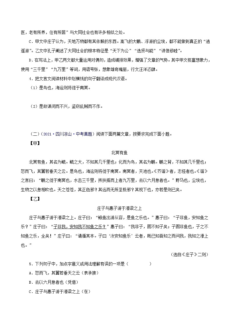 初中语文中考复习 11 北冥有鱼（原卷版）－备战2023年中考语文文言文必考篇目之对比阅读（通用版）第2页