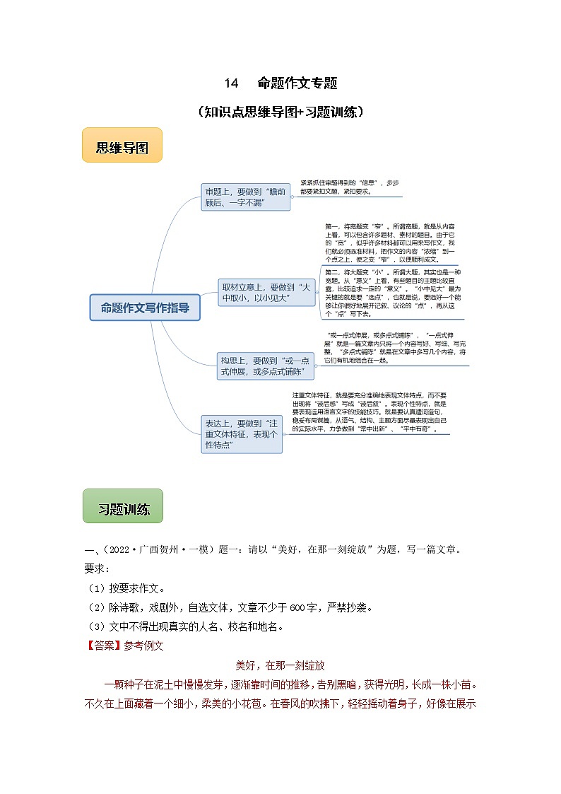 初中语文中考复习 14 命题作文专题（知识点思维导图+习题训练）-备战2023年中考语文冲刺专题系列（解析版）01