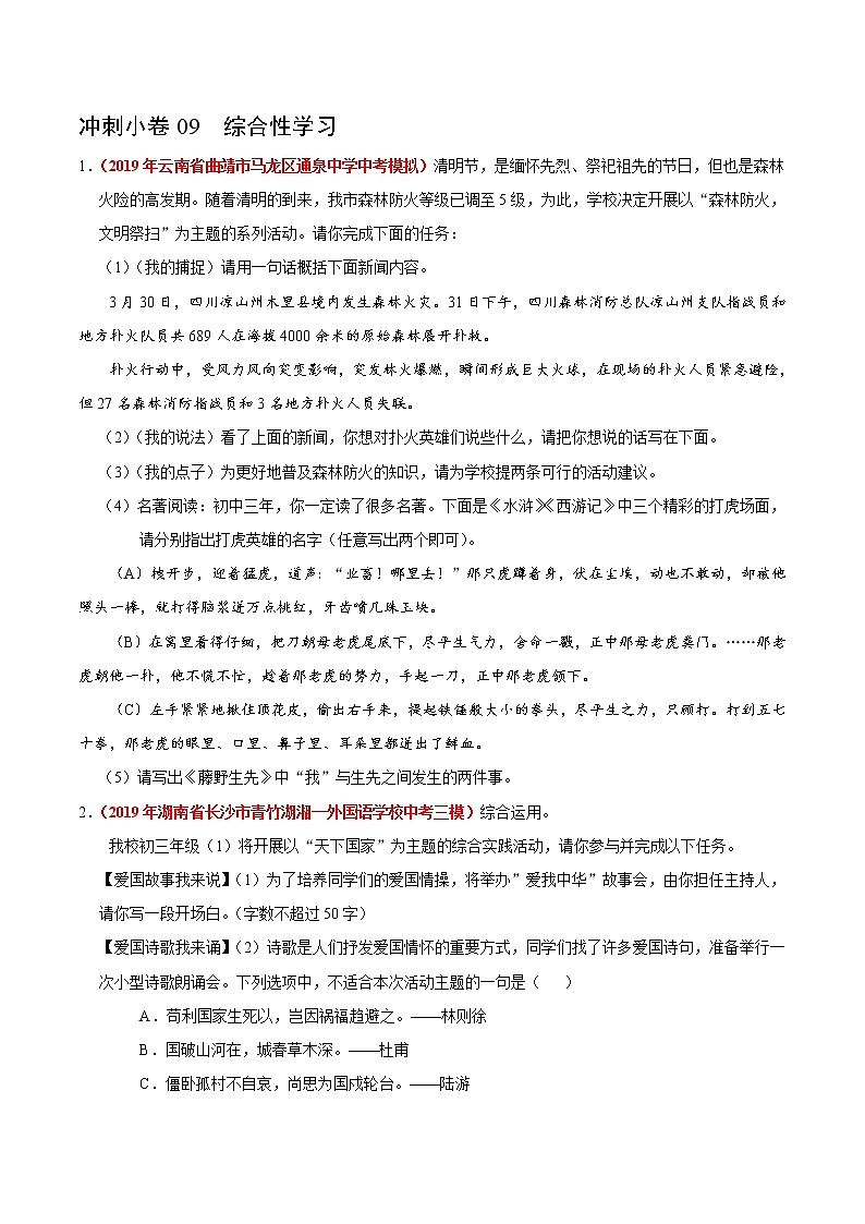 初中语文中考复习 冲刺小卷09  综合性学习-2020年《三步冲刺中考·语文》之最新模考分类冲刺小卷(全国通用)(原卷版)第1页