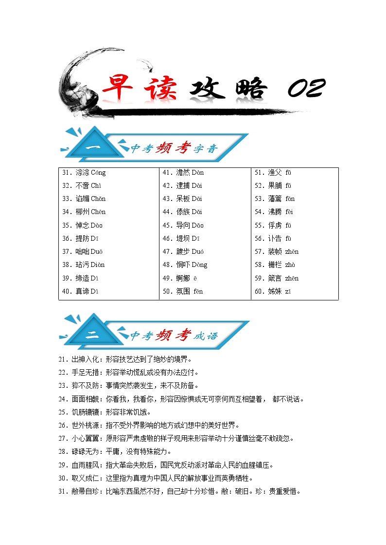 初中语文中考复习 攻略02 频考字音+频考成语+古诗文梳理+战疫作文好句-备战2020年中考语文早读攻略第1页
