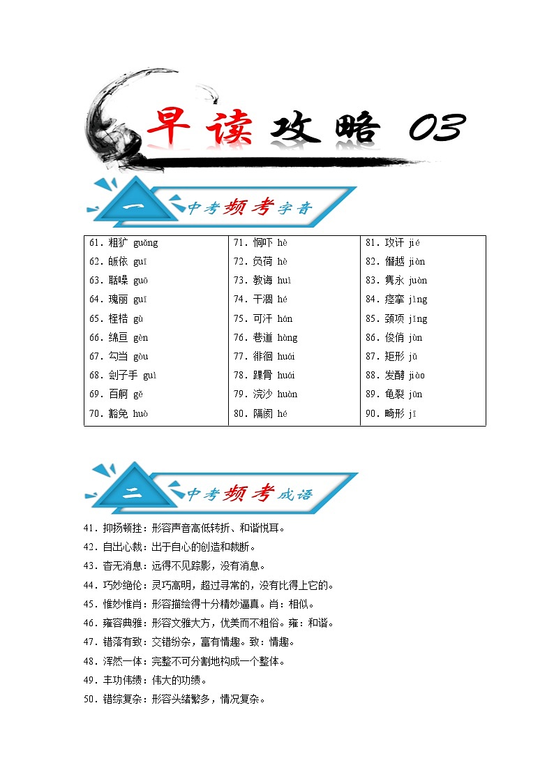 初中语文中考复习 攻略03 频考字音+频考成语+古诗文梳理+战疫作文好句-备战2020年中考语文早读攻略第1页