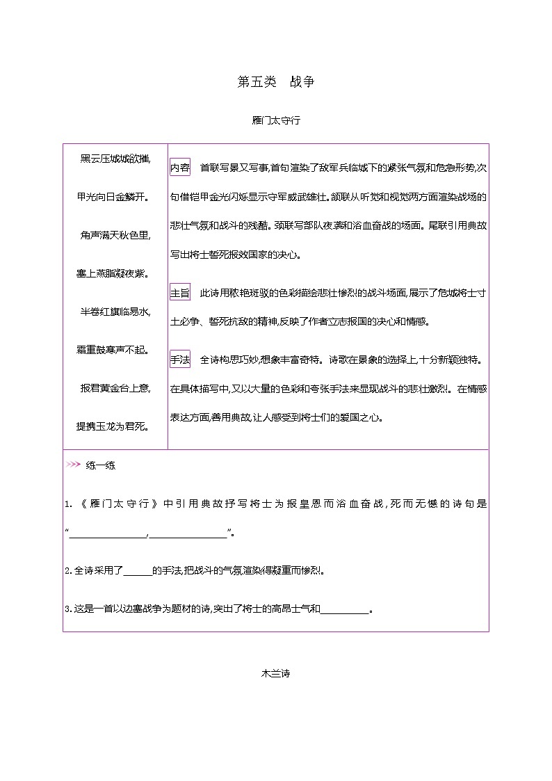 初中语文中考复习 初中42篇必背古诗词梳理-第五类　战争—2021届中考语文专项复习第1页