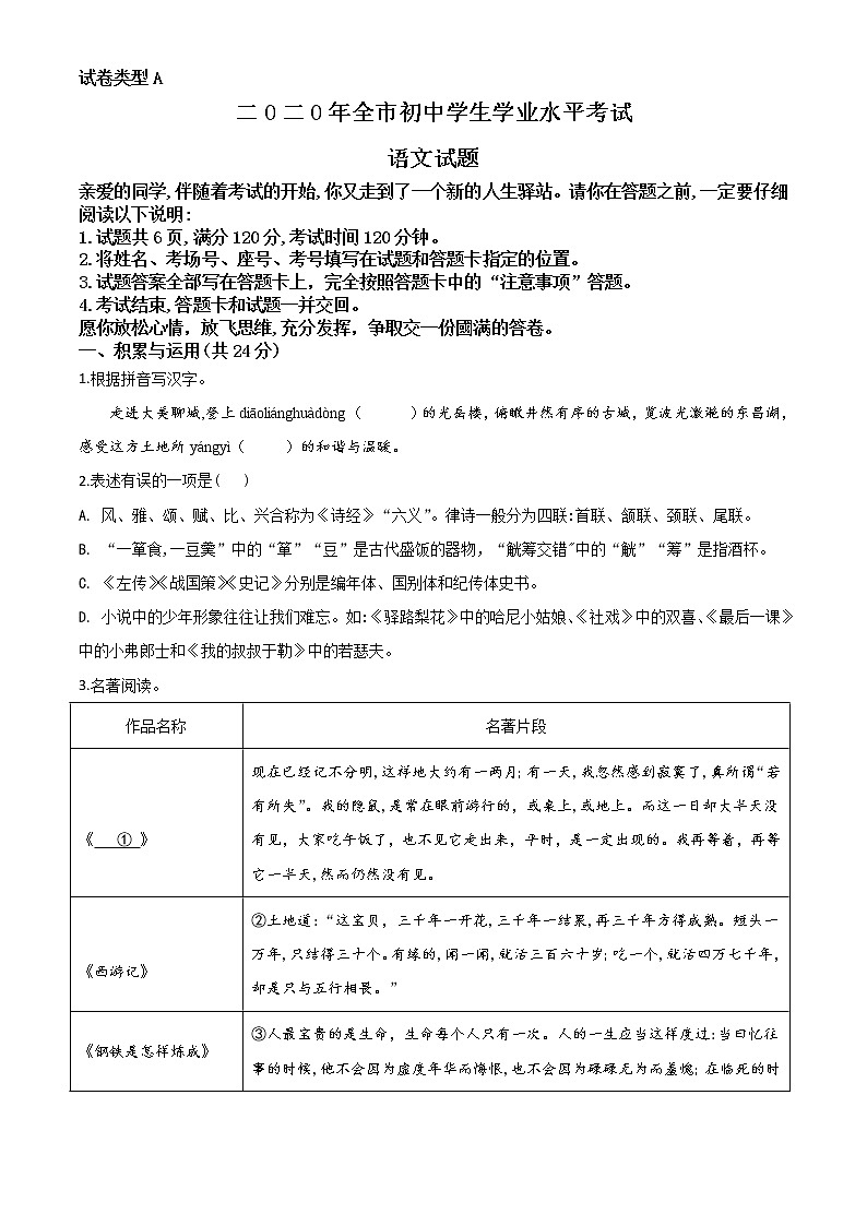 初中语文中考复习 精品解析：山东省聊城市2020年中考语文试题（原卷版）01