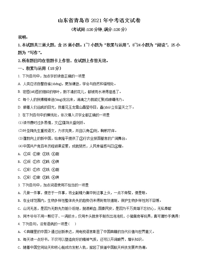 初中语文中考复习 精品解析：山东省青岛市2021年中考语文试题（原卷版）第1页