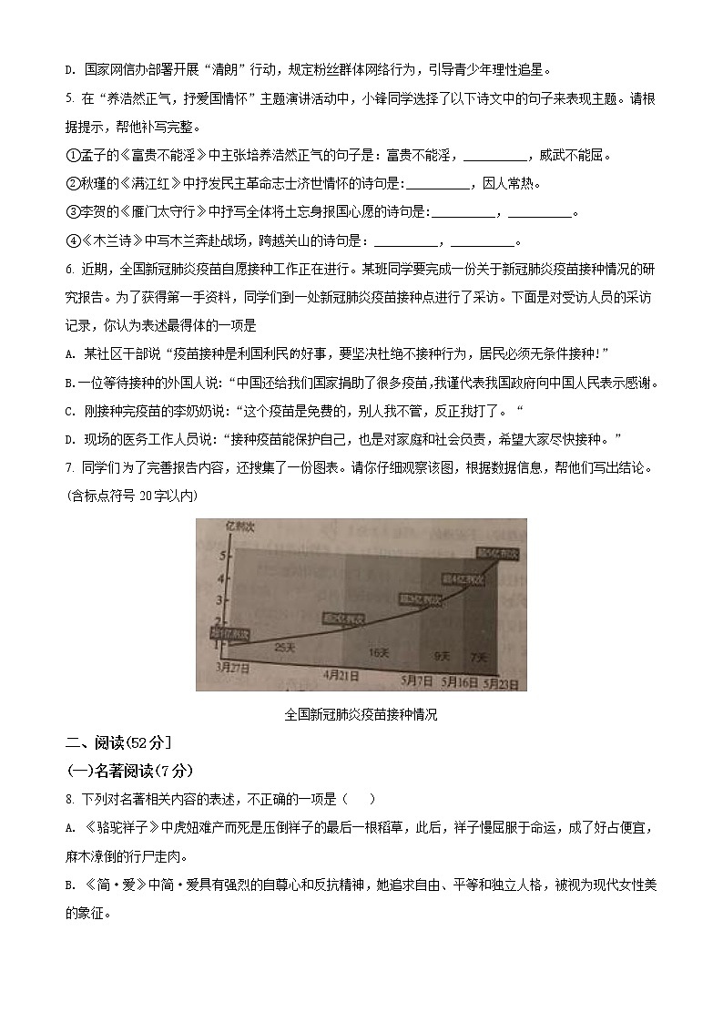 初中语文中考复习 精品解析：山东省青岛市2021年中考语文试题（原卷版）第2页