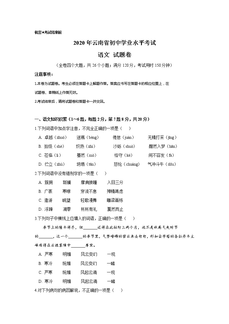初中语文中考复习 云南省2020年中考语文真题试卷（解析版）01