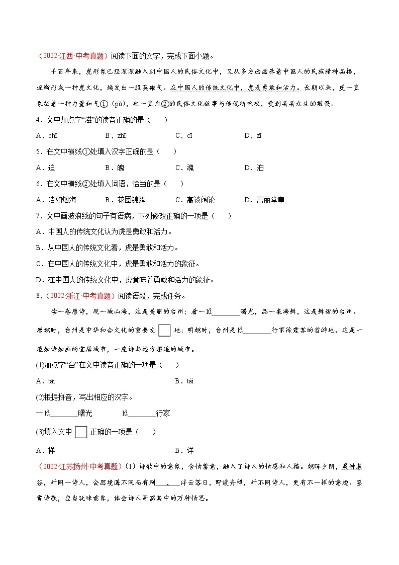 初中语文中考复习 专题01 字音字形-三年（2020-2022）中考语文真题分项汇编（全国通用）（原卷版）02