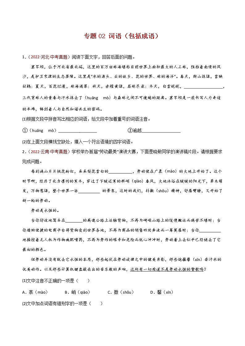 初中语文中考复习 专题02 词语（包括成语）-三年（2020-2022）中考语文真题分项汇编（全国通用）（原卷版）第1页