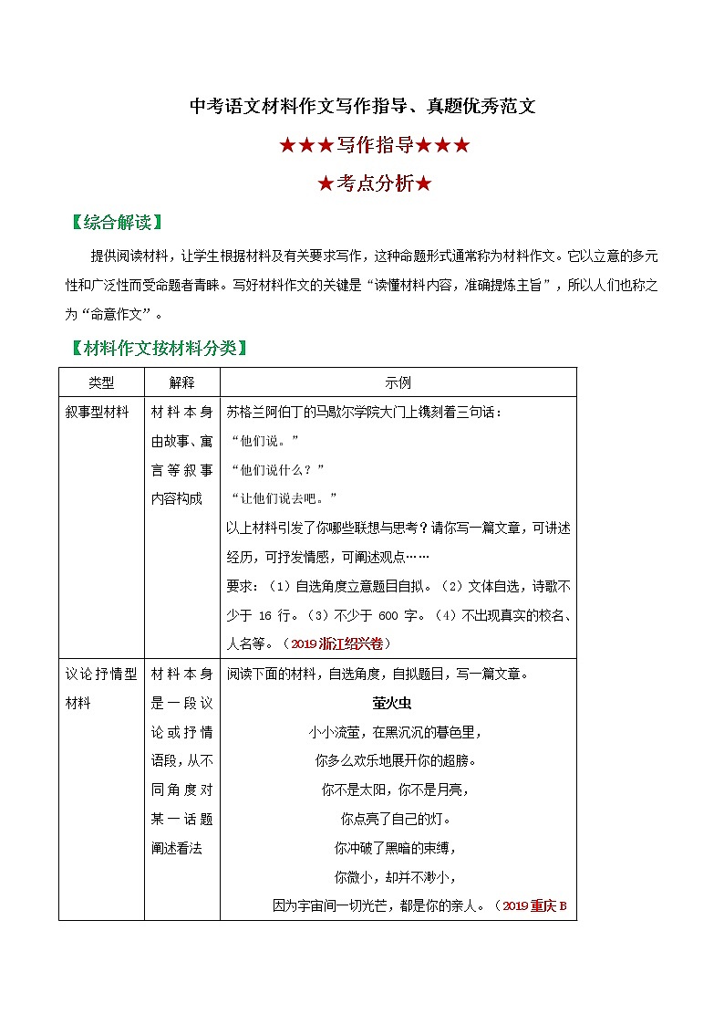 初中语文中考复习 专题04 材料作文-备战2020年中考语文作文写作指导及真题优秀范文第1页