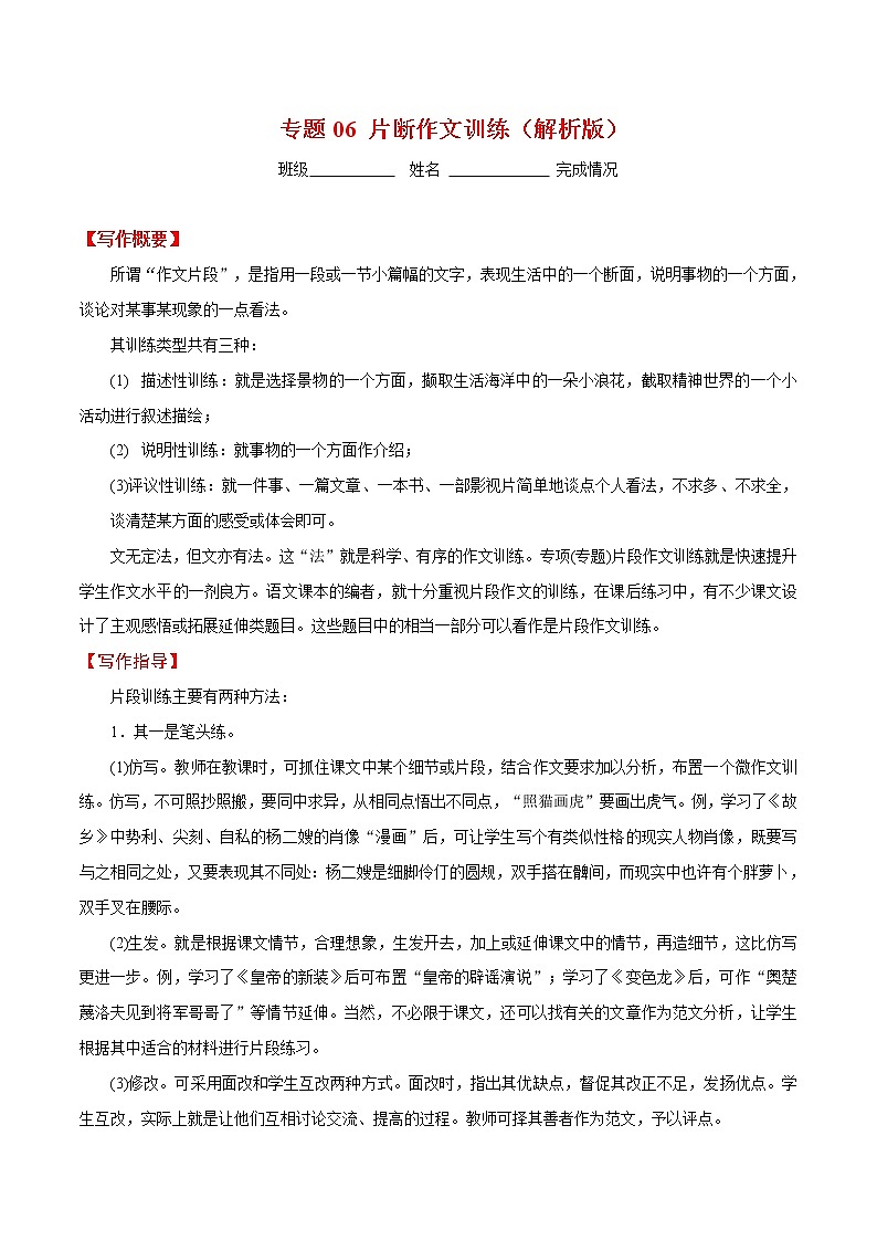 初中语文中考复习 专题06 片断作文训练（解析版）第1页