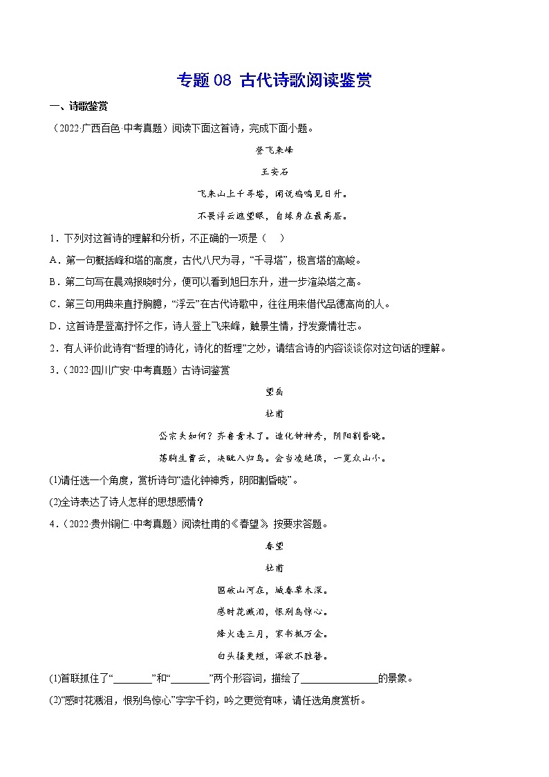 初中语文中考复习 专题08 古代诗歌阅读鉴赏(考点训练)(原卷版)第1页