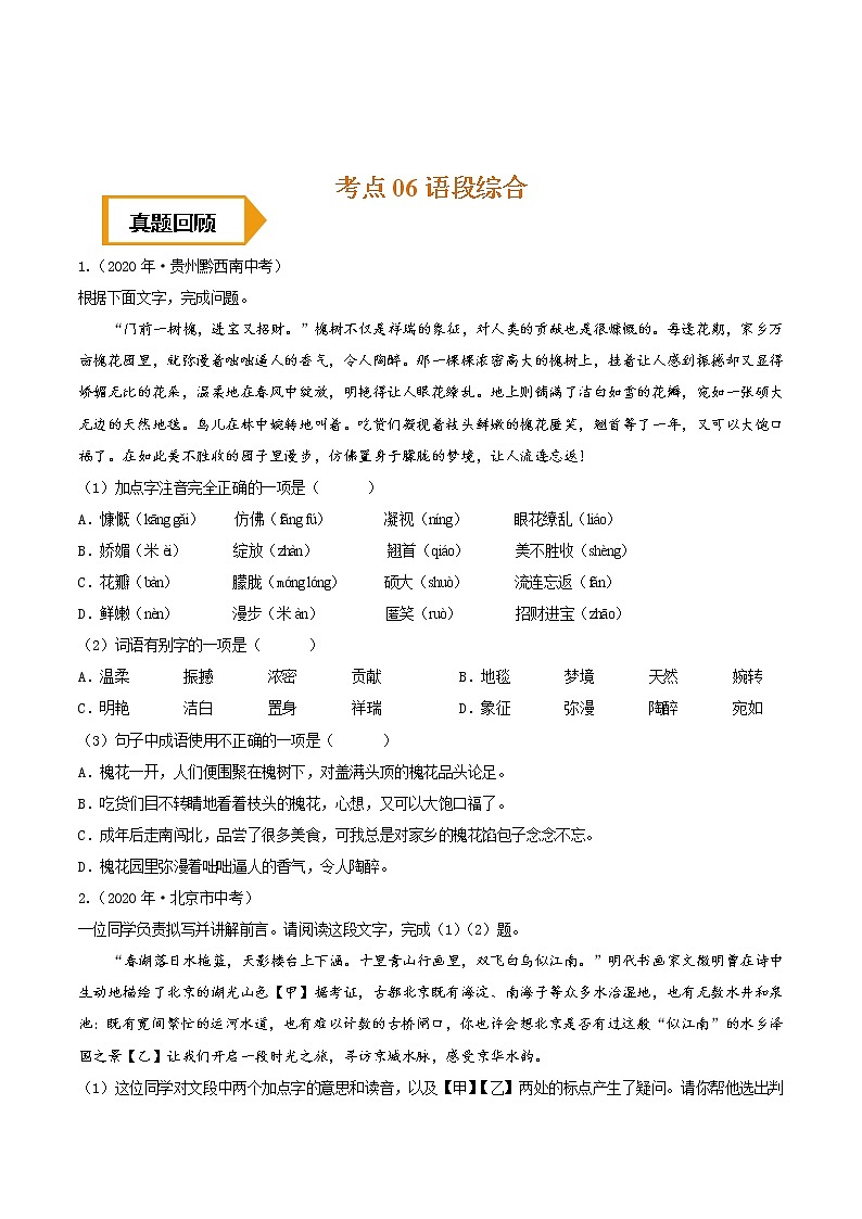 考点06 语段综合- 《三步冲刺中考•语文》（全国通用）之第1步小题夯基础（原卷版）第1页