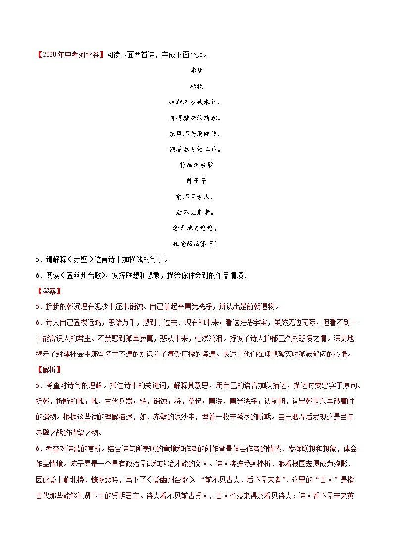初中语文中考复习 专题10 诗歌鉴赏-2020年中考语文真题分项汇编（全国通用）（解析版）03