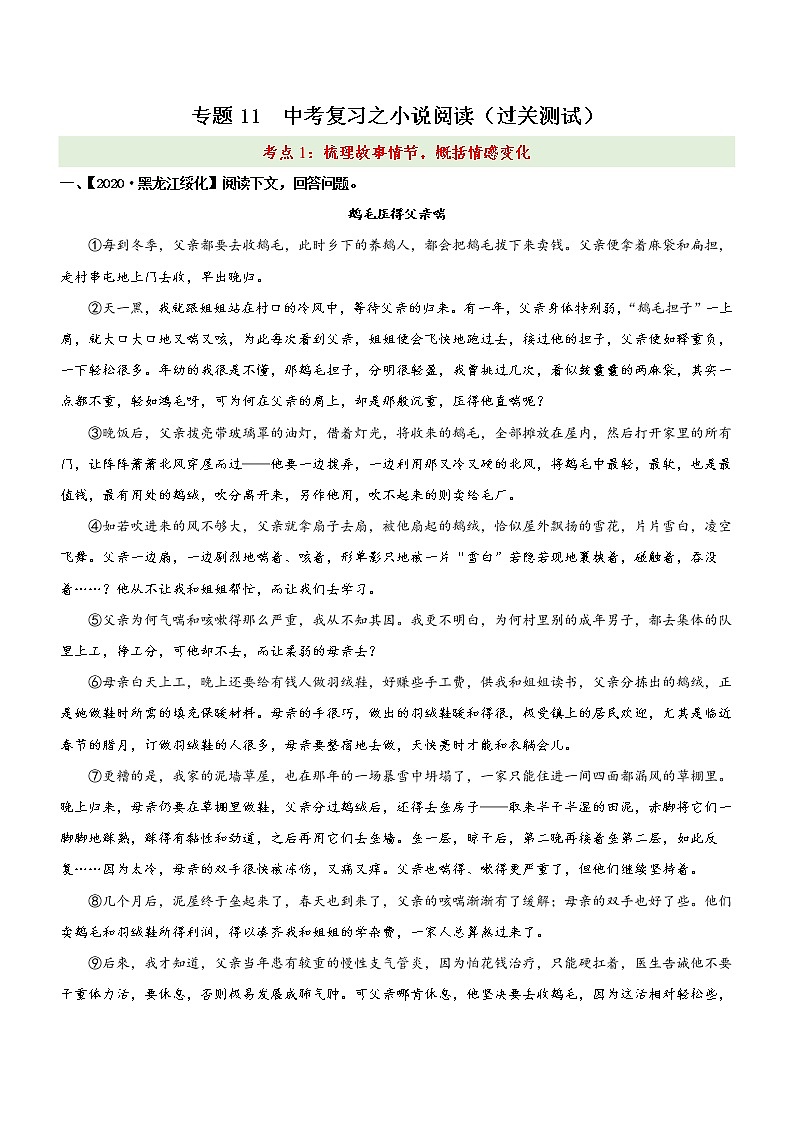 初中语文中考复习 专题11  小说阅读-梳理故事情节，概括情感变化（过关测试）原卷版第1页