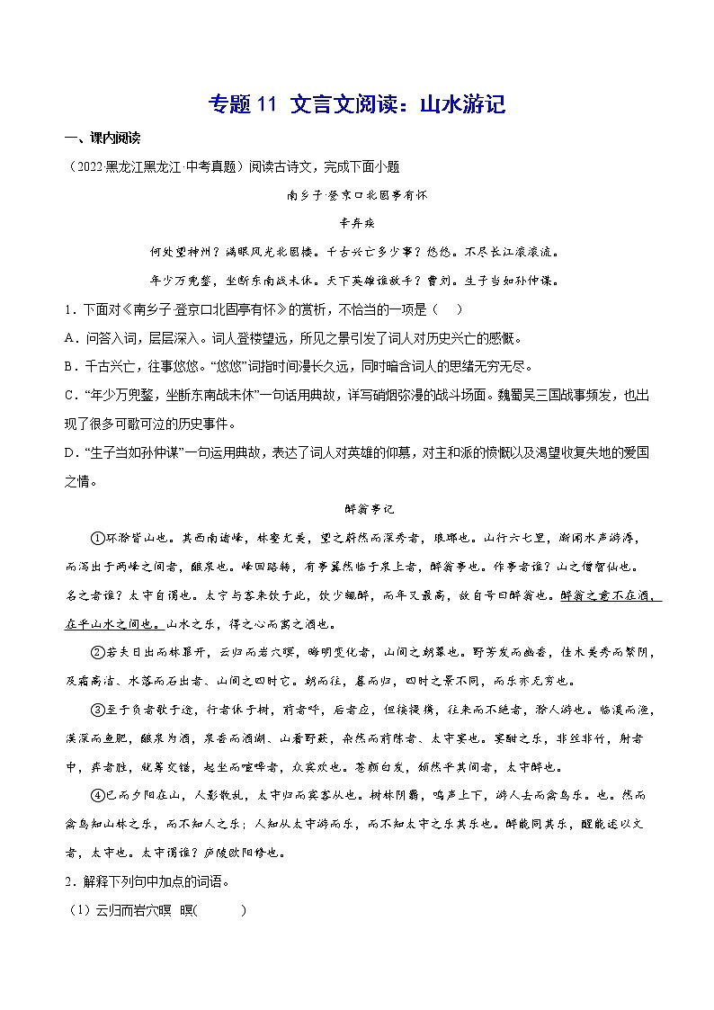 初中语文中考复习 专题11 文言文阅读：山水游记(原卷版)第1页