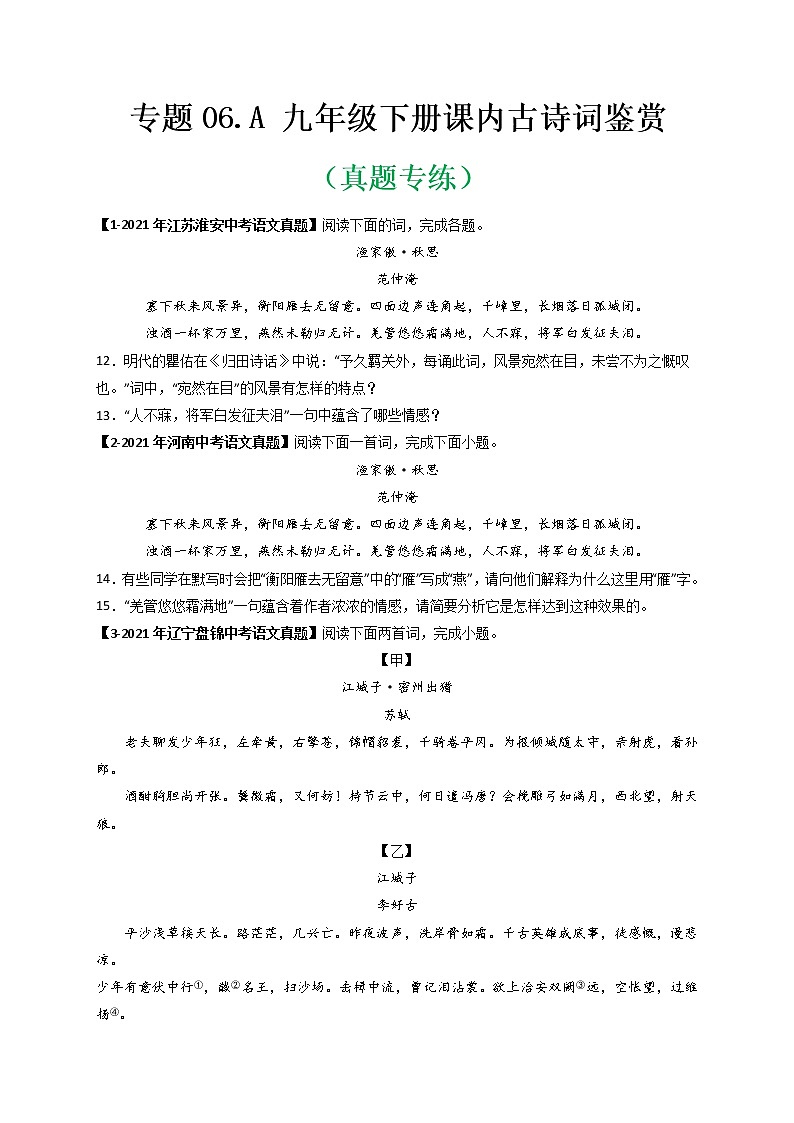 专题06 Ａ九年级下册-备战 中考语文课内古诗词鉴赏01