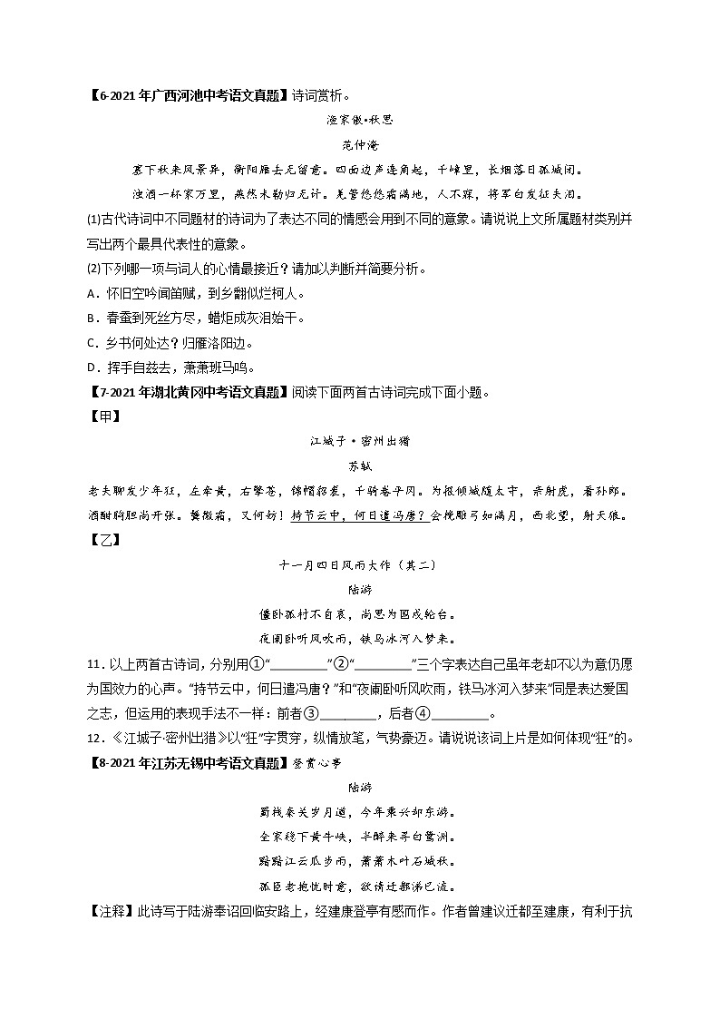 专题06 Ａ九年级下册-备战 中考语文课内古诗词鉴赏03