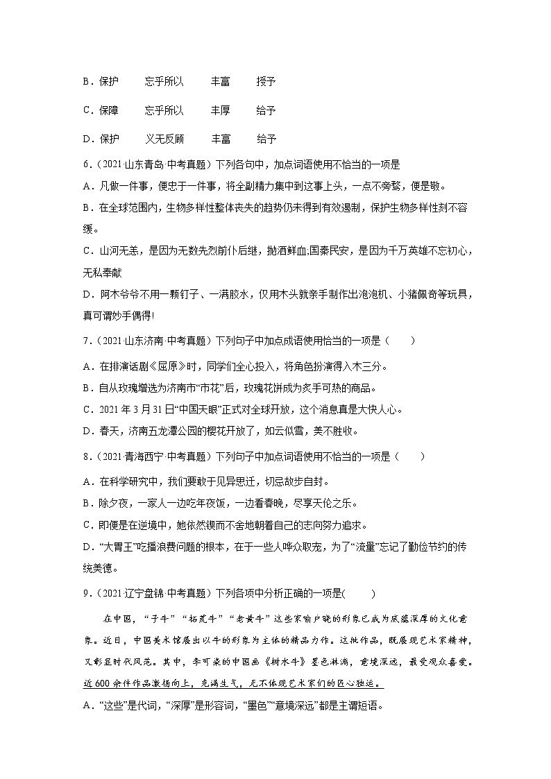 备战2023年语文新中考二轮复习热点透析 核心考点02词语的理解与运用 试卷03