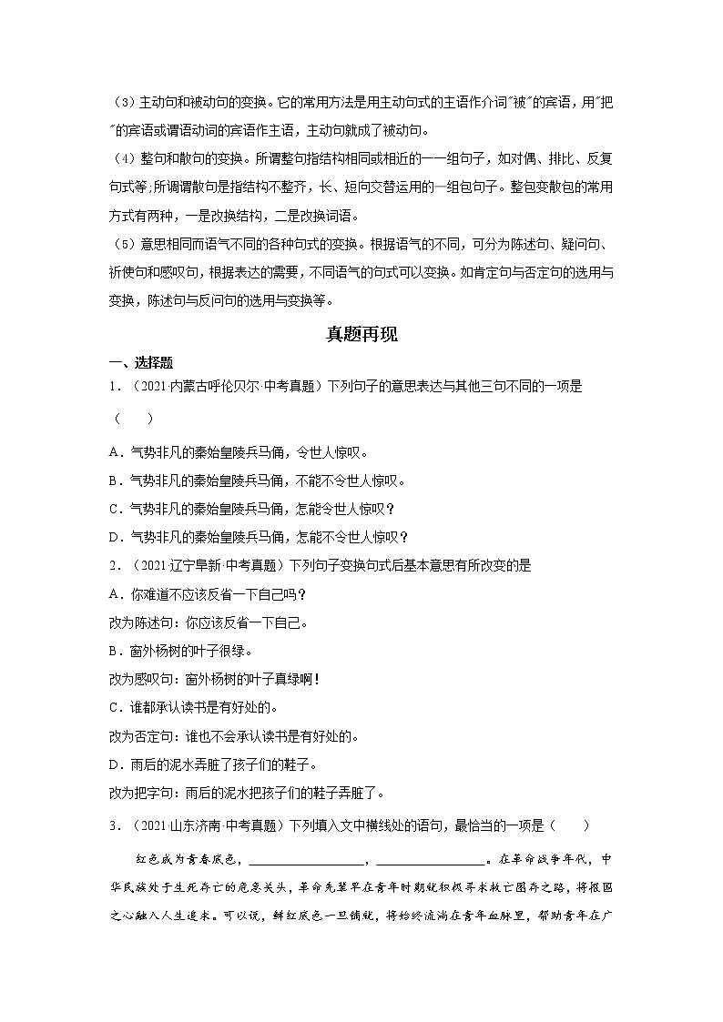 备战2023年语文新中考二轮复习热点透析 核心考点03句式的变换与仿写 试卷02
