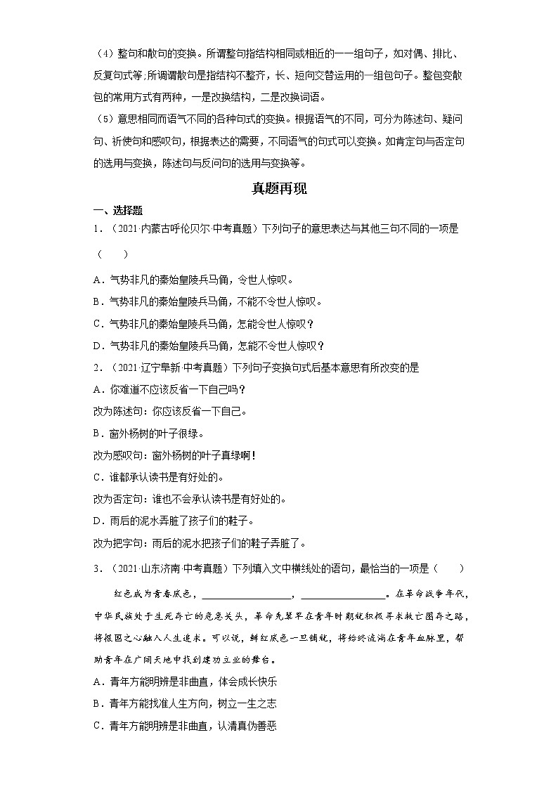 备战2023年语文新中考二轮复习热点透析 核心考点03句式的变换与仿写 试卷02