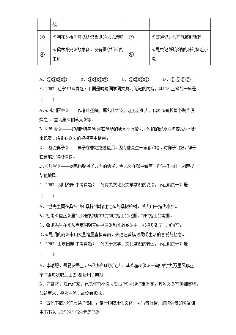 备战2023年语文新中考二轮复习热点透析 核心考点05文学文化常识 试卷02