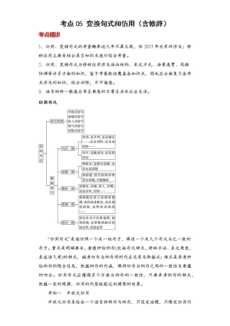 2023年春语文新中考二轮专题导练 考点05 变换句式和仿用（含修辞）(解析版)第1页