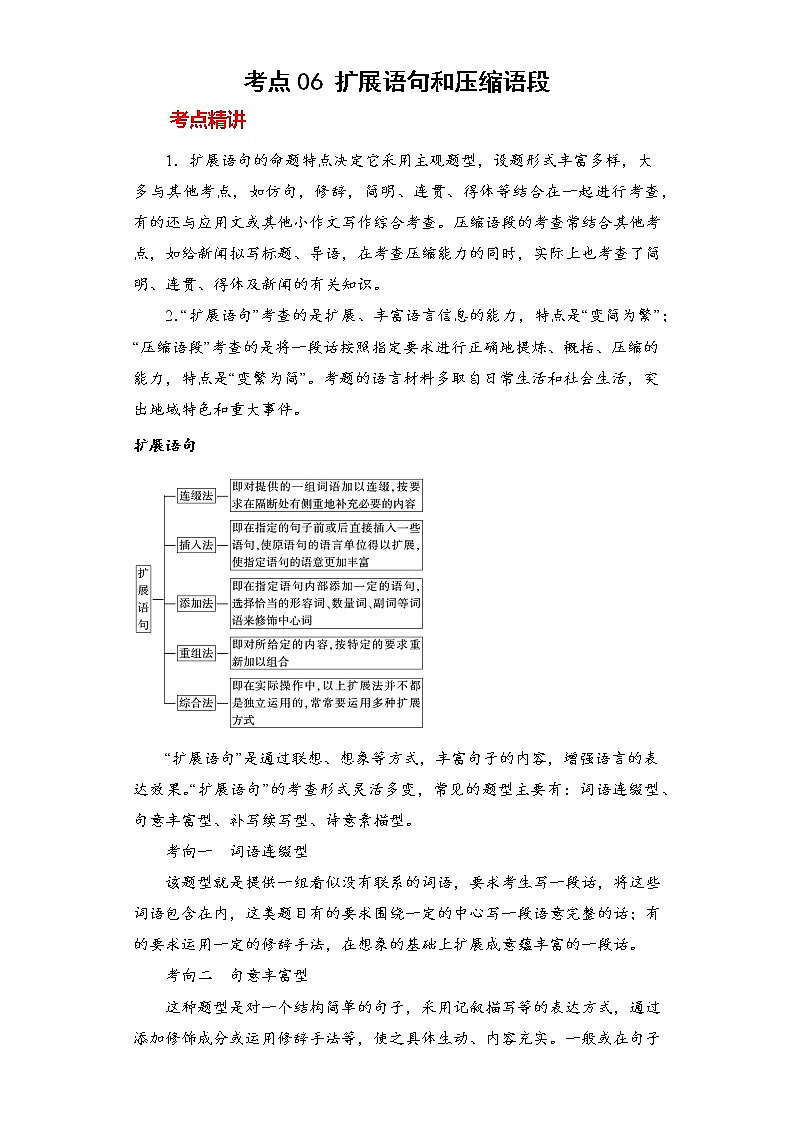 2023年春语文新中考二轮专题导练 考点06 扩展语句和压缩语段(原卷版)第1页