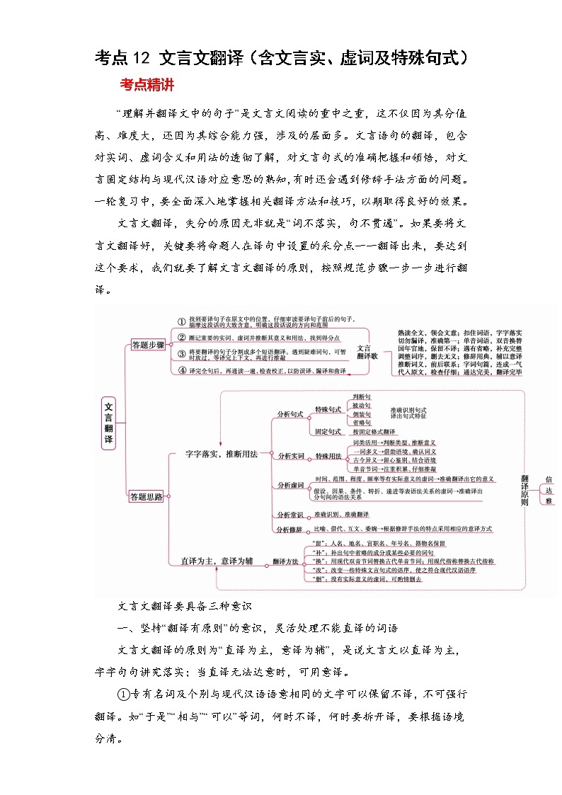 2023年春语文新中考二轮专题导练 考点12 文言文翻译（含文言实、虚词及特殊句式）01