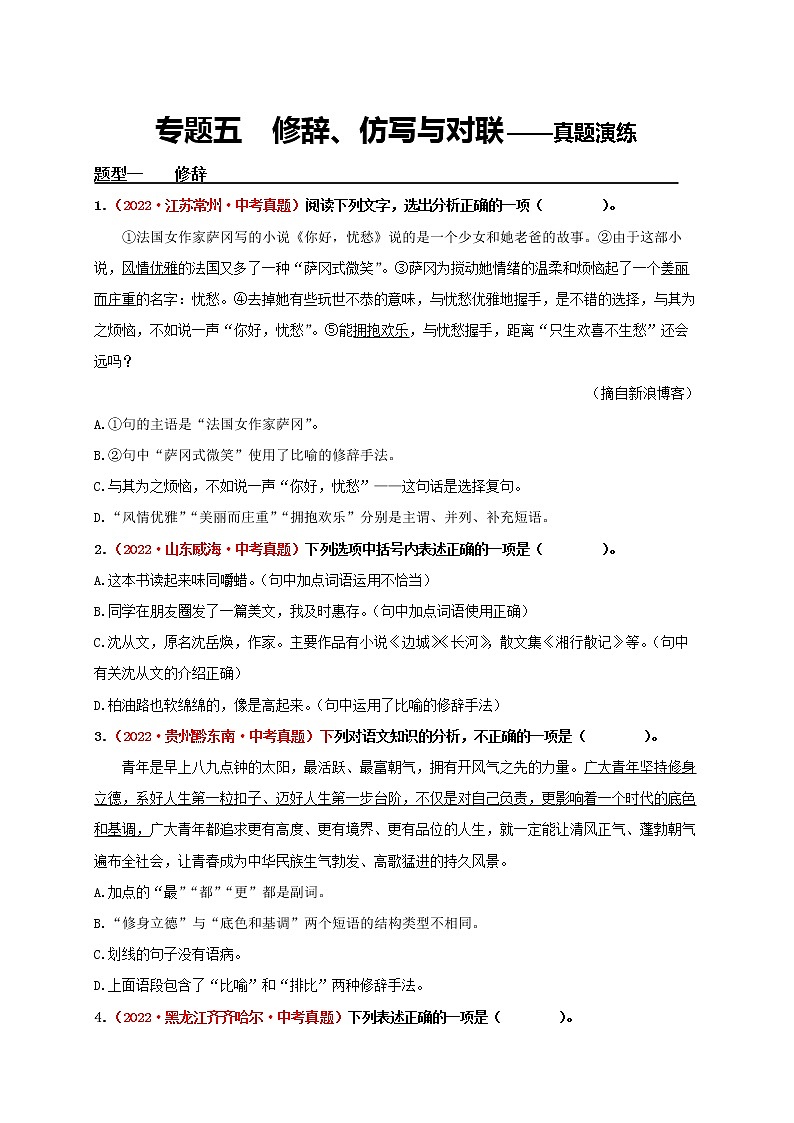 2023年中考语文一轮真题演练五：修辞、仿写与对联第1页