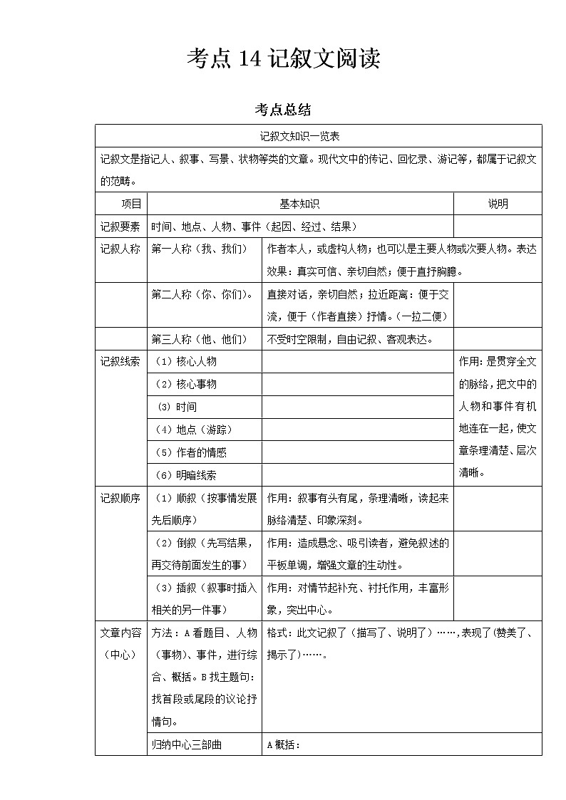  2022-2023 语文部编版新中考精讲精练 考点14记叙文阅读（解析版）第1页