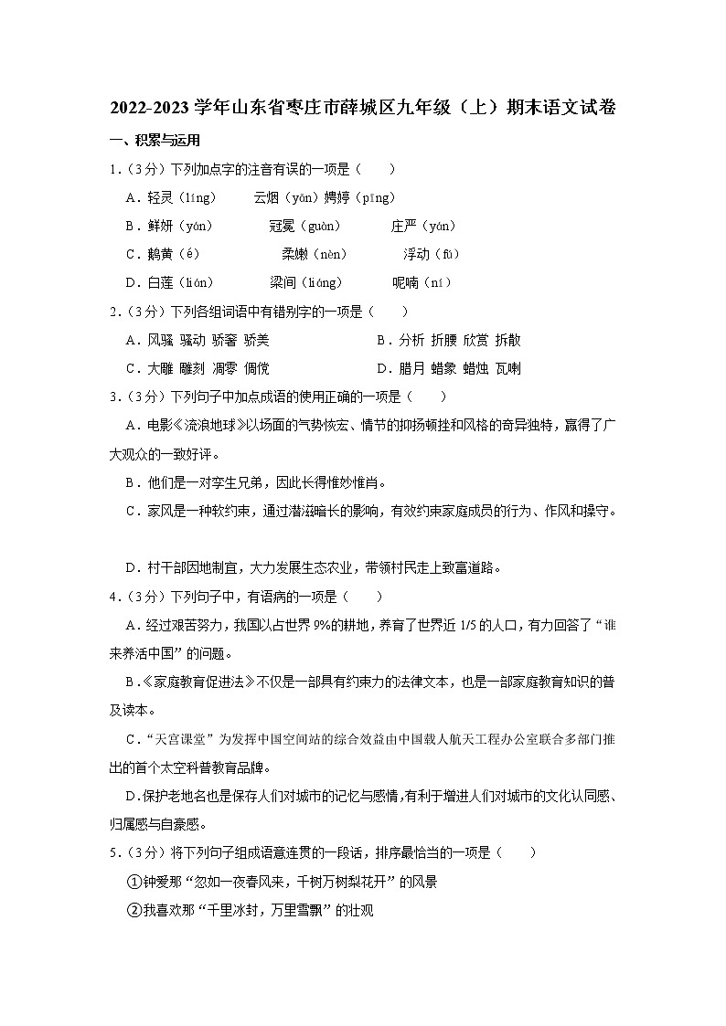 山东省枣庄市薛城区2022-2023学年九年级上学期期末考试语文试卷(含答案)01