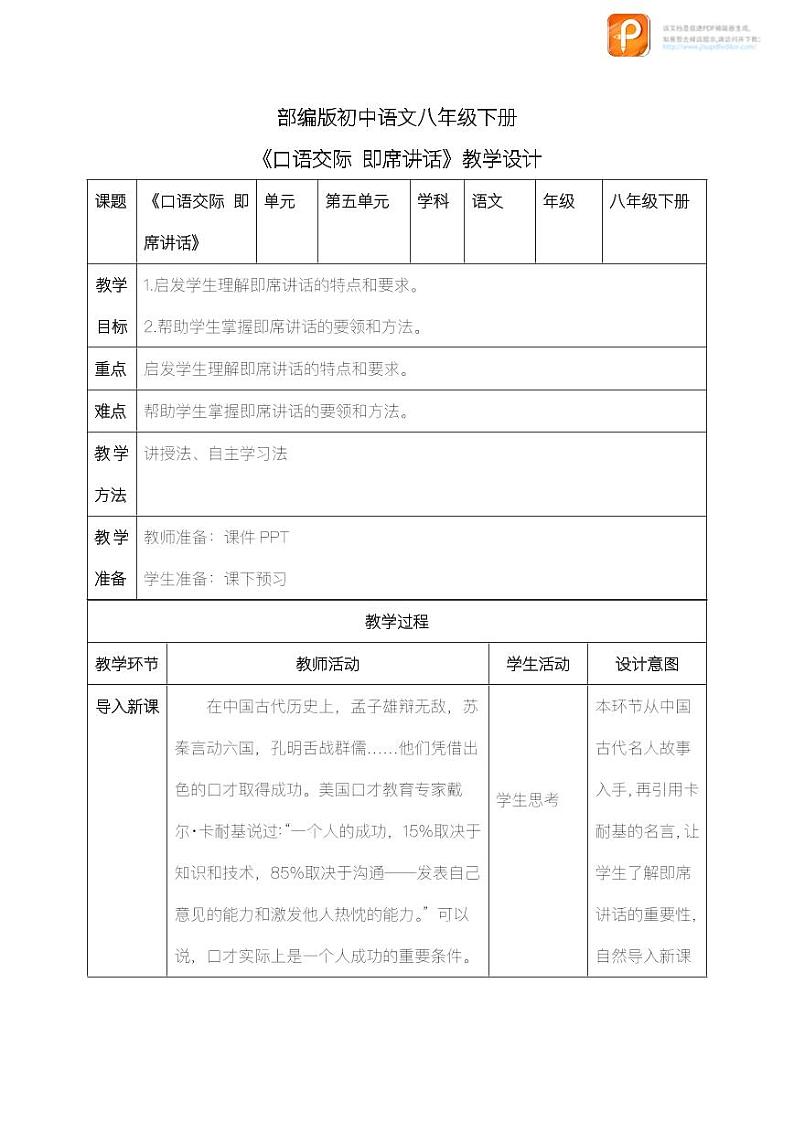 口语交际：即席讲话（教案+课件+练习）-2022-2023学年八年级语文下册同步精品课件+教案+练习01