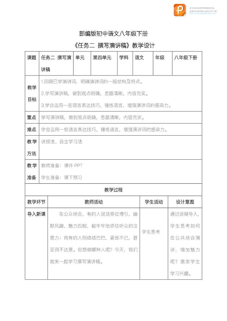 任务二：撰写演讲稿（教案+课件+练习）-2022-2023学年八年级语文下册同步精品课件+教案+练习01