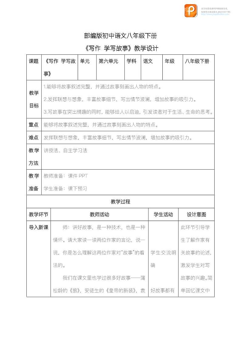 写作：学写故事（教案）-2022-2023学年八年级语文下册同步精品课件+教案+练习第1页