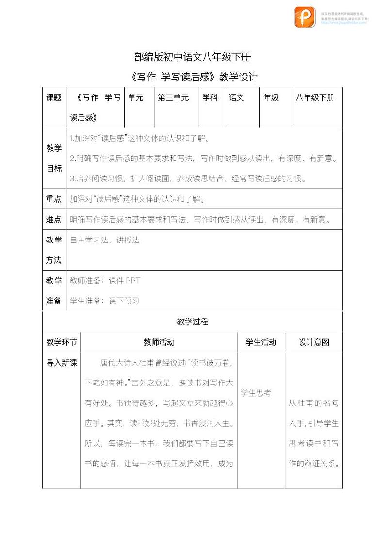 写作：学写读后感（教案）-2022-2023学年八年级语文下册同步精品课件+教案+练习第1页
