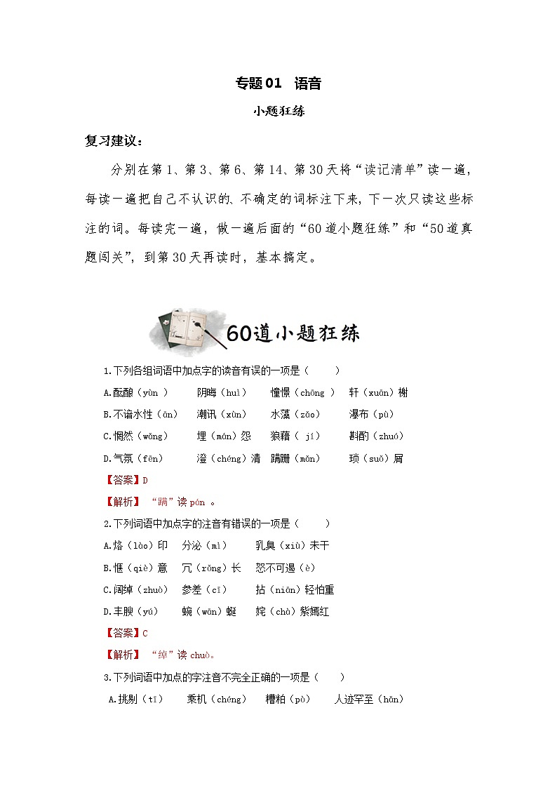 专题01  字音（小题狂练）（解析版）1第1页