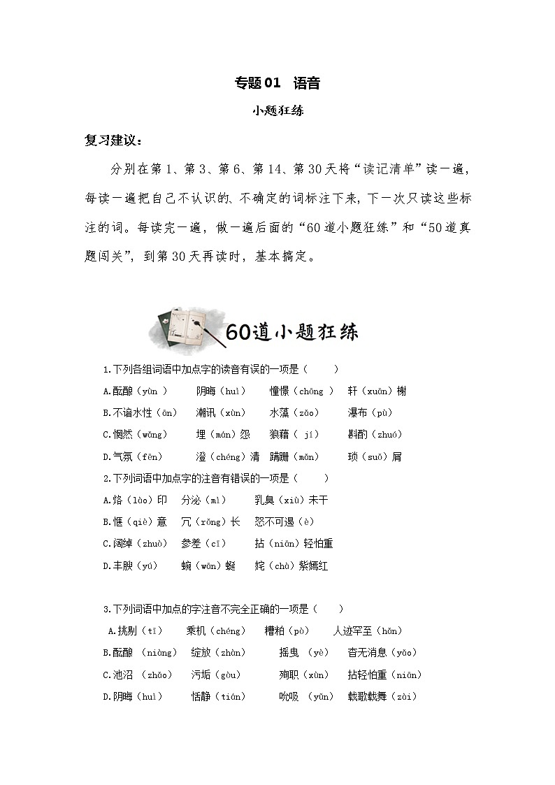 专题01  字音（小题狂练）（原卷版）1第1页