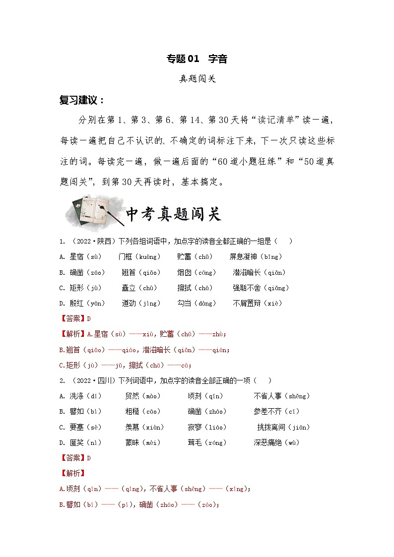 专题01  字音（真题闯关）（解析版）1第1页