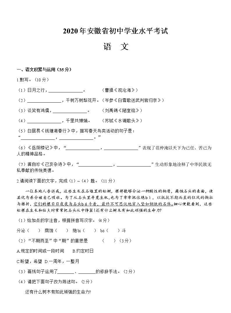 2020年安徽省中考语文试题【含答案】01