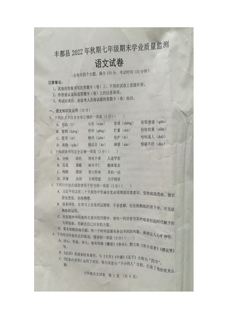 重庆市丰都县2022-2023学年七年级上学期期末语文试卷01