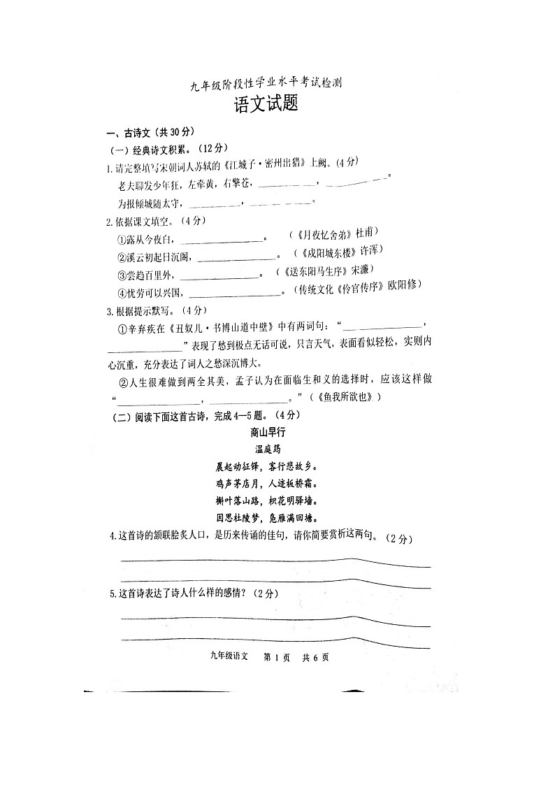 山东省菏泽市牡丹区2022-2023学年九年级上学期期末考试语文试卷01