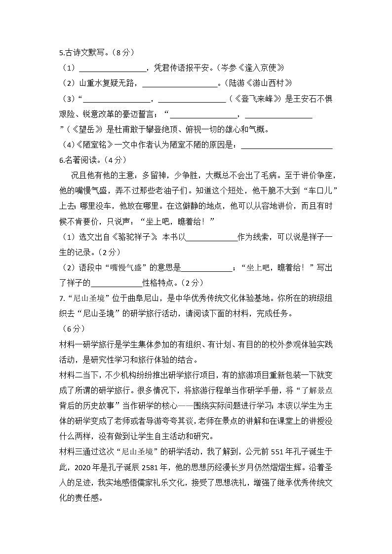 2022-2023学年四川省乐山市七年级下册语文期末提升模拟题（AB卷）含解析第2页