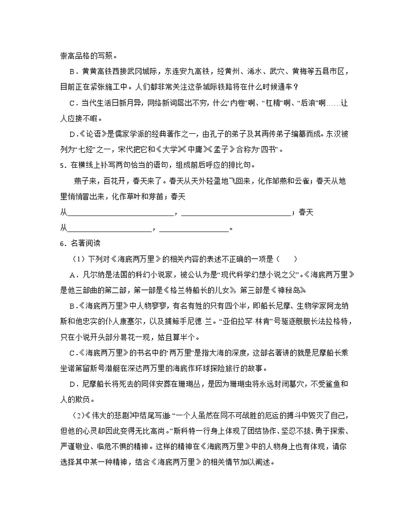 2022-2023学年安徽省淮南市七年级下册期中语文模拟试卷（AB卷）含解析第2页