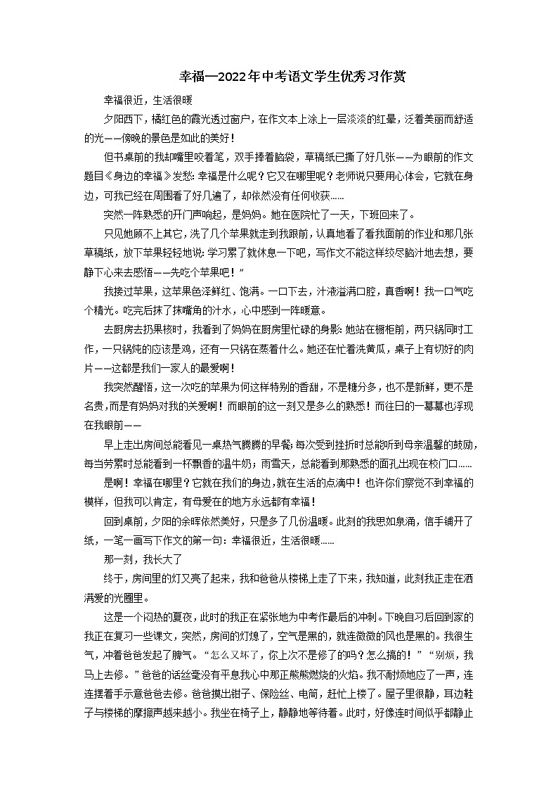 主题14  幸福类-2023年中考语文考场作文高频主题范文优选第1页