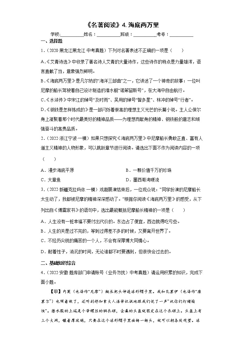 【备考2023】中考语文一轮复习《名著阅读》通关练习卷——4.海底两万里（含解析）第1页