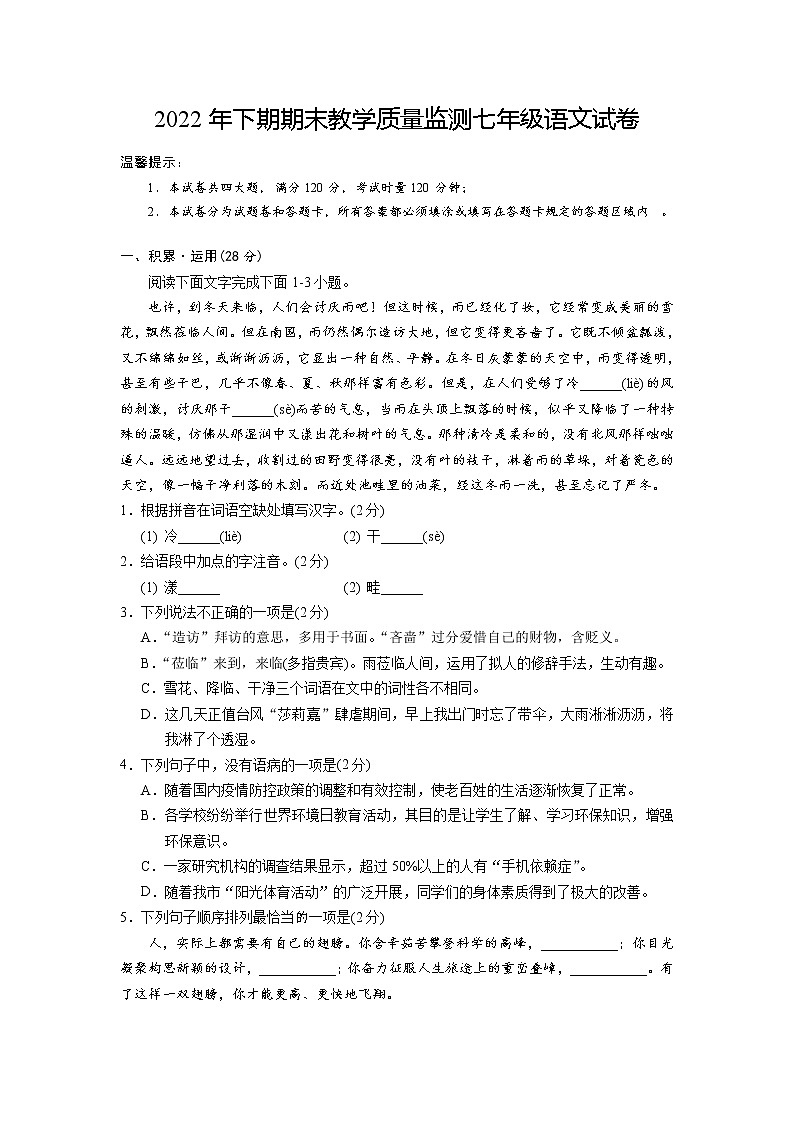 湖南省岳阳市城区2022-2023学年七年级上学期期末教学质量监测语文试题01