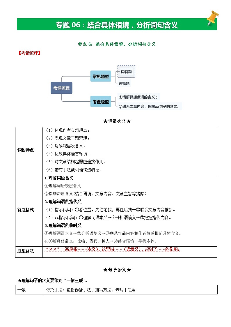 【备考2023】中考语文记叙文阅读专项详解+精练学案——专题06  结合具体语境，分析词句含义（原卷版+解析版）01