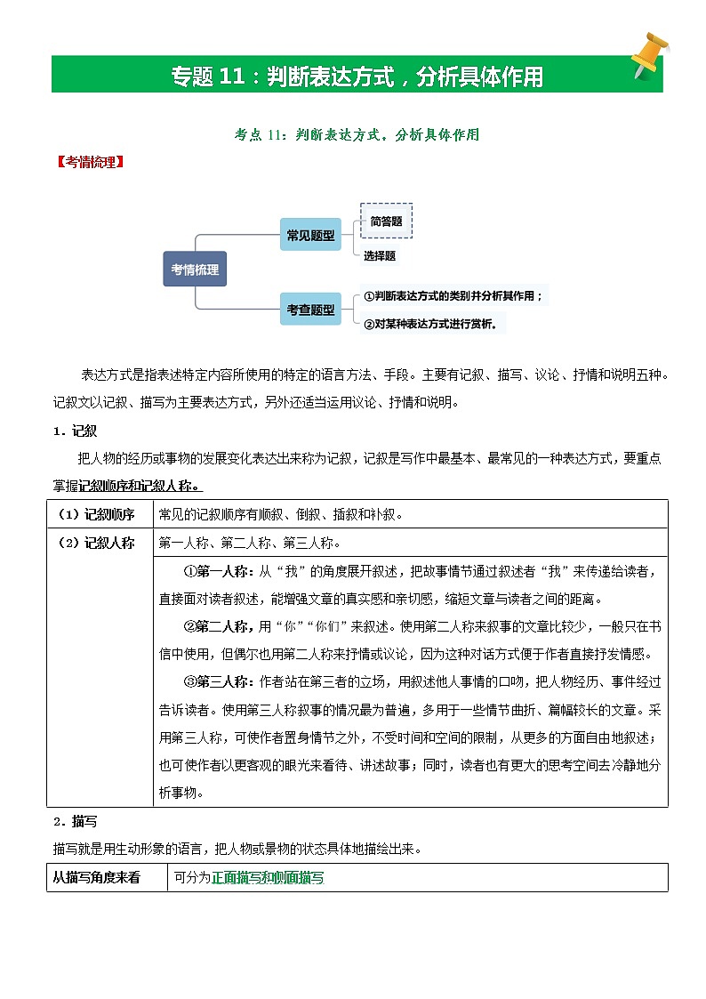 【备考2023】中考语文记叙文阅读专项详解+精练学案——专题11++判断表达方式，分析具体作用（原卷版+解析版）01