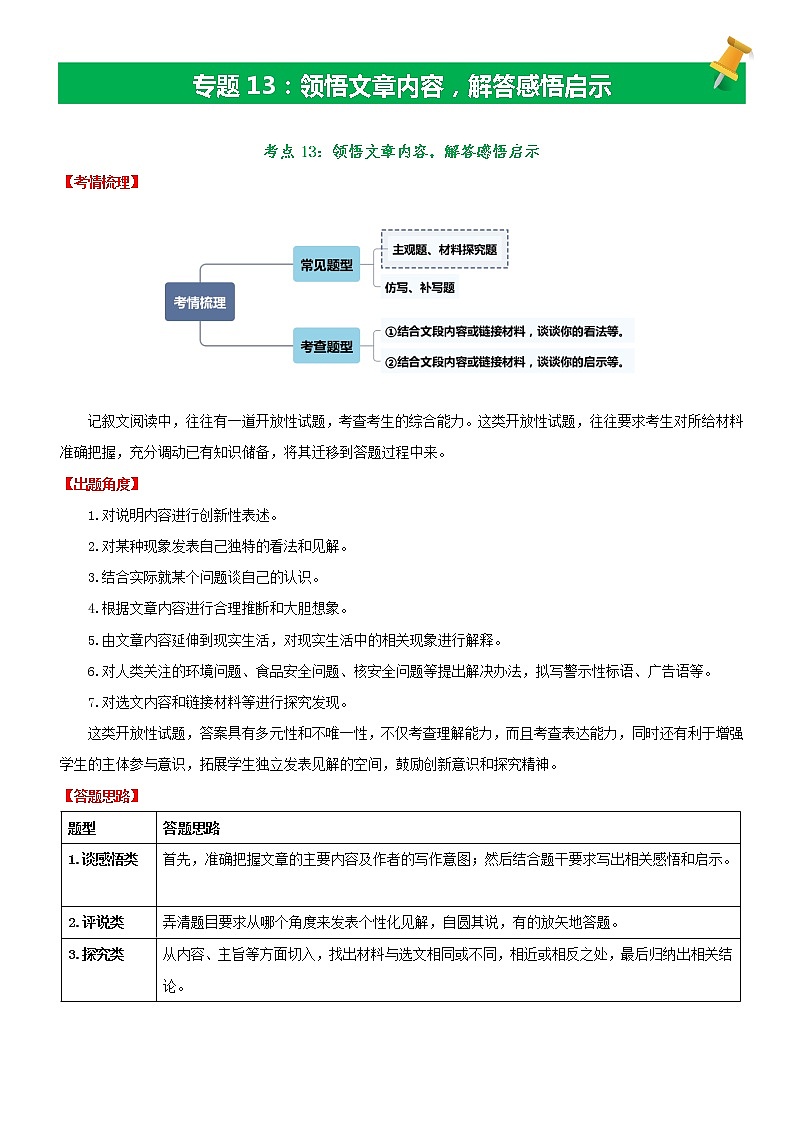 【备考2023】中考语文记叙文阅读专项详解+精练学案——专题12  分析表现手法，阐述具体作用（原卷版+解析版）01